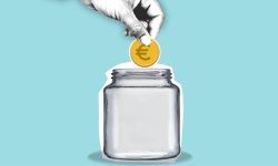 Decorative cardboard appliques of hand with euro coin above jar representing money saving process on blue background